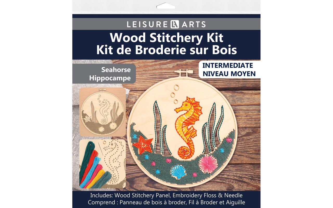 Wood Stitched String Art Kit with Seahorse in hoop - adult or kids